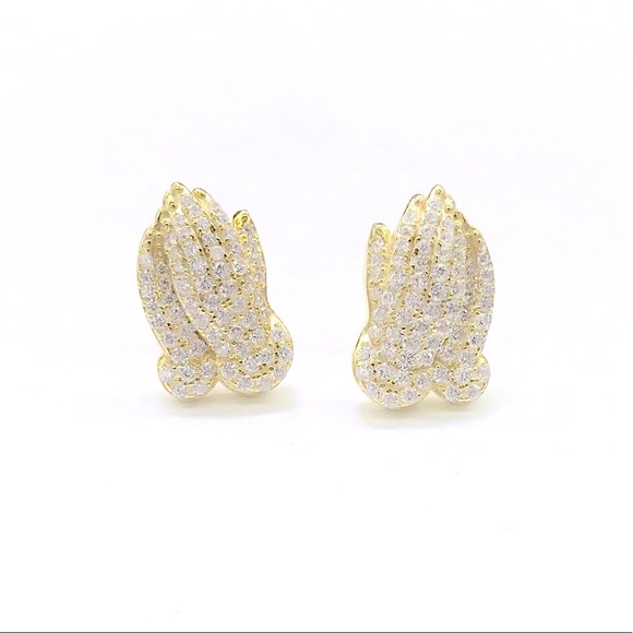 STERLING SILVER Iced Out PRAYING HAND STUD EARRING - Picture 2 of 8
